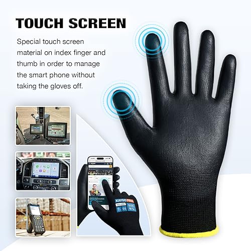 KAYGO Safety Work Gloves, PU Coated, 2-Finger Touchscreen, KG11P - color: Black (Touch Screen), size: Small