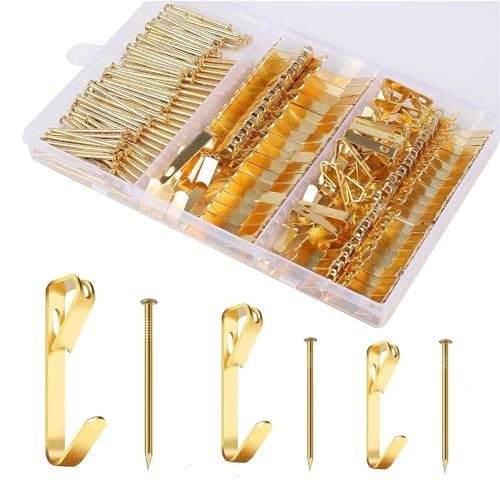 210Pcs Picture Hanging Kit with 20LB/30LB/50LB, Wall Hook with Nails for Hanging Picture, Metal Hangers Hook for Drywall & Wooden Wall - color: Gold