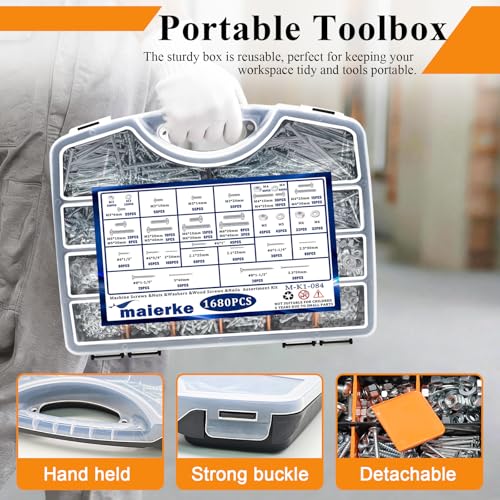 1680 PCS High Hardness Screw Bolts and Nuts & Nails & Wood Screws Assortment Kit,M3/M4/M5/M6 Machine Screws,Small Nails,#6#8 Drywall Screw Set for Picture Hanging and DIY (Length 1/2 to 2")