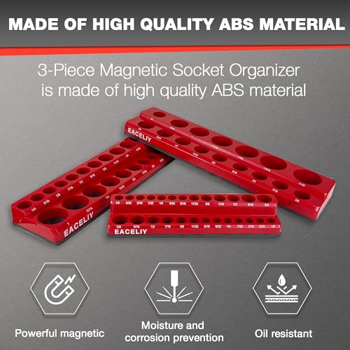 EACELIY Magnetic Socket Organizer Set,SAE Socket Holder Kit, Socket Trays，holds 68 Deep and Shallow 3/8" Sockets(sockets not included) 丨3PC 1/2",1/4" and 3/8"（Red） - size: 3PCS SAE 1/2&3/8&1/4