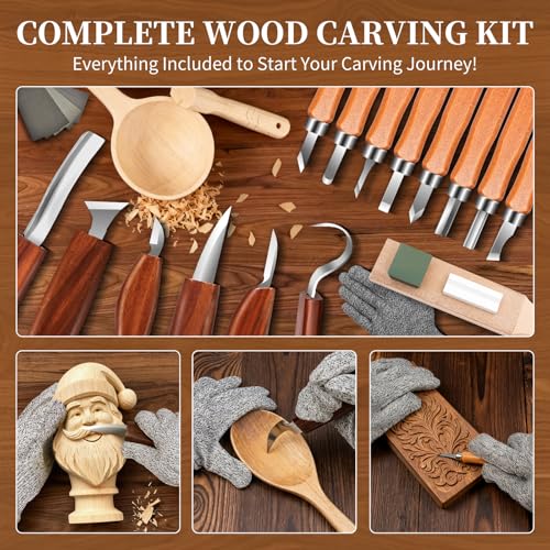 Wood Carving Kit, 30-Piece Professional Whittling & Carving Tool Set with Walnut Handle Knives, Detail Gouges, Sharpening Stone, Strop & Cut-Resistant Gloves for Adult Hobbyists and Craft Use - color: 30-piece Wood Carving Tools