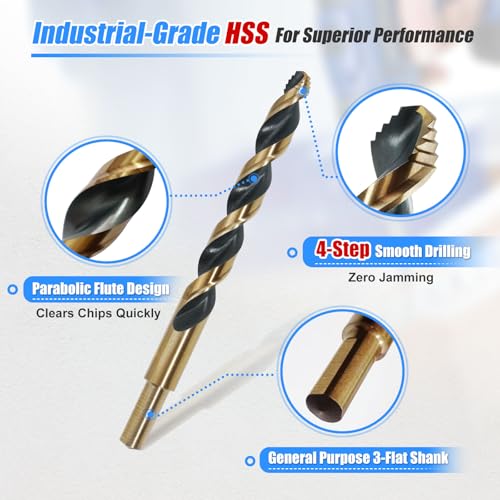 HIGHFIRE 29 Pieces HSS Stepped Point Drill Bit Set 1/16"-1/2", Gold and Black 3-Flat Shank for Metal, Steel & Acrylic - No Pilot Hole Needed - Industrial, MRO & DIY Use - size: 1/16-1/2 in Stepped Point (29 pcs)
