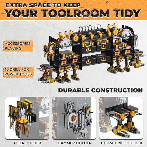 Upgraded Large Power Tool Organizer Wall Mount with Charging Station - color: Black