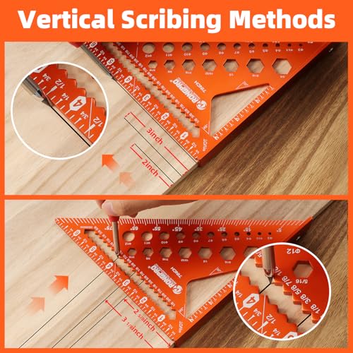 2pcs Rafter Square, 12-inch & 7-inch Carpenter Sqaure Set withWoodworking Pencil, Carpenter Measuring Layout Tool,Aluminum Alloy Triangle Ruler for Woodworking- Imperial - size: 7+12 inch