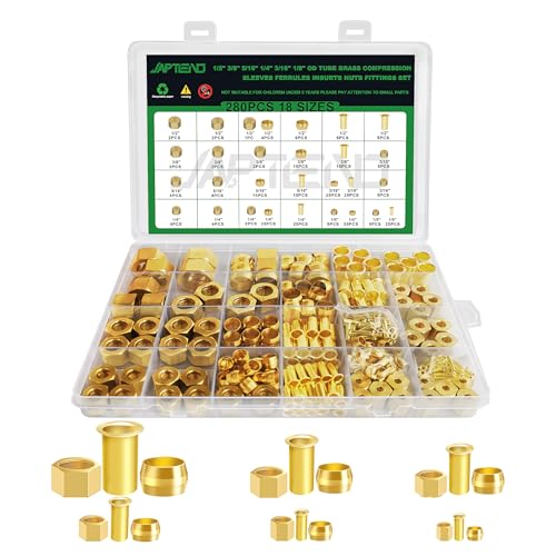 280pcs Brass Compression Sleeves Ferrules Inserts Nuts Fittings Kit | 6 Sizes 1/2" 3/8" 5/16" 1/4" 3/16" 1/8" Hose Repair Kit of Air Water Fuel Oil Gas Tube Lines - color: 280PCS Brass Compression Sleeves Ferrules Inserts Nuts