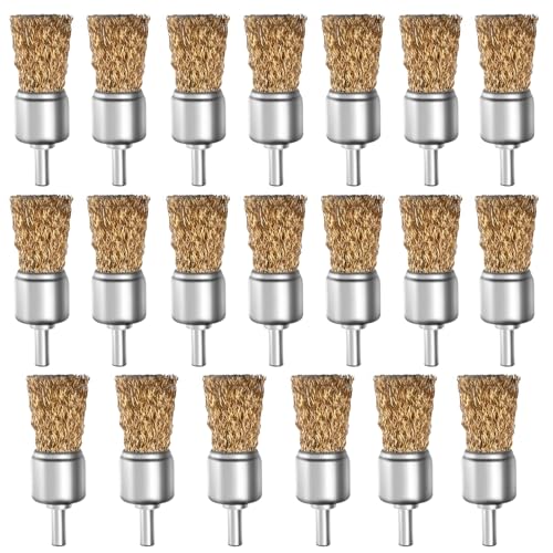 Brass Coated Wire Brush Set for Drill, 1/4 Inch Shank,Crimped Carbon Steel Bristles for Rust Removal, Paint Stripping, Corrosion Cleaning, Surface Scrubbing, Deburring (20mm,20pcs) - size: 20mm,20pcs