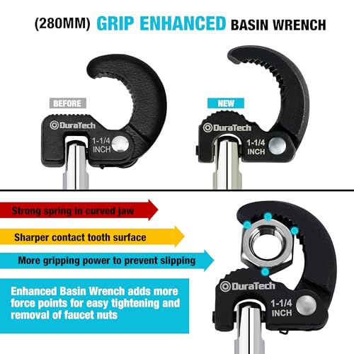 DURATECH 11" Basin Wrench, Sink Wrench, Adjustable Tap Nut Spanner Basin Spanner, Capacity of 3/8" to 1-1/4" for Fixing Back and Union Nuts Under Sink - size: Basin Wrench, style: Adjustable