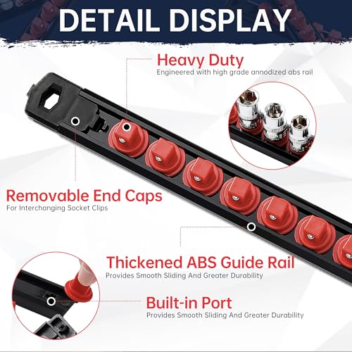 Reniteco Magnetic Socket Organizer, 3/8-Inch Drive ABS Sockets Rail, Heavy Duty Sockets Holder, Socket Rack Kit 3/8-Inch x 14 Clips - color: Red, size: 3/8" DR