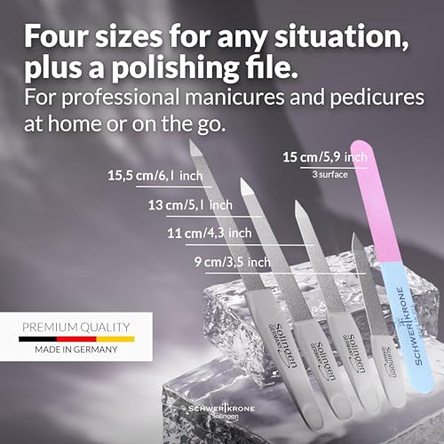 Schwertkrone Professional Nail File Set – 4 Sapphire Metal Nail Files Made in Solingen, Germany & 1 Nail Buffer – Durable Manicure Tools for Natural & Acrylic Nails
