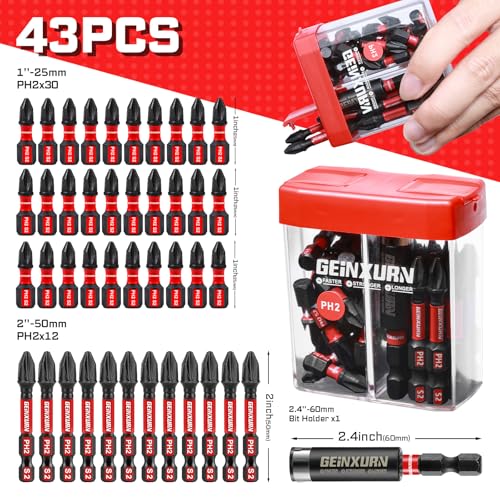 Geinxurn Impact #2 Phillips Screwdriver Bits Set,43 Pcs Magnetic PH2(1" and 2") S2 Steel Driver Bits with Storage Colorful Box - color: Ph2, size: 1"2"-43PCS
