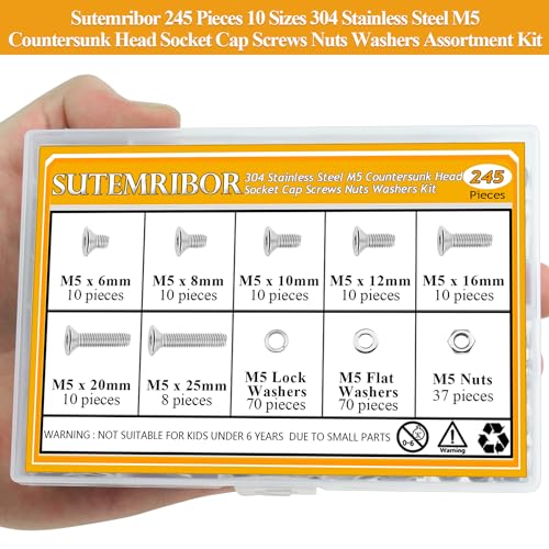 245 Pieces M5 Screws Nuts Washers Set, Sutemribor M5 x 6/8/10/12/16/20/25mm Countersunk Head Socket Cap Screws Nuts Washers Assortment Kit, 304 Stainless Steel, Fully Threaded - size: M5, style: Countersunk Head Socket Cap