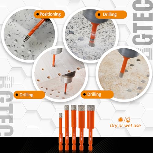 BGTEC Dry Diamond Drill Bits Set- Tile Drill Bit 1/4" 5/16" 3/8" 1/2" 9/16" with Quick Change Hex Shank and 1/4" Carbide Drill for Granite Marble Porcelain Ceramic，6pcs - size: Set 3