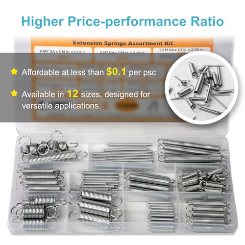 99PCS Extension Spring Assortment Kit, 12 Sizes Small Tension Springs with Dual Hook Ends, Galvanized Spring Steel Construction, Tiny Springs Set for Hobby Crafting and DIY Repair Project