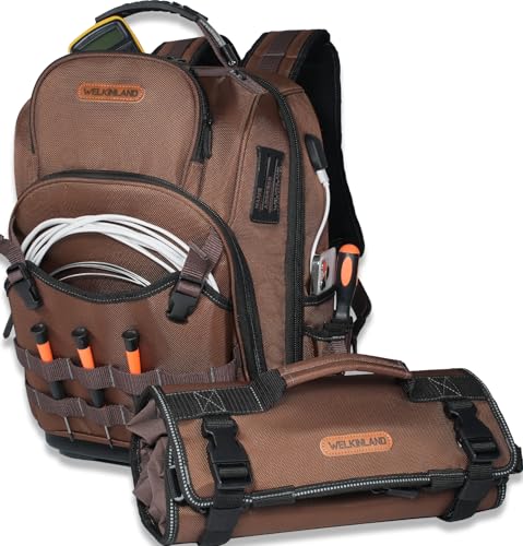 WELKINLAND 70Pockets HVAC Tool Backpack With Tool Roll, Tool Bag Backpack