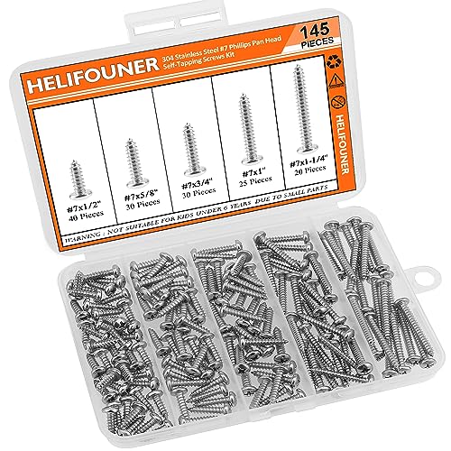 #7 x 1/2" 5/8" 3/4" 1" 1-1/4" Wood Screws Set, HELIFOUNER 145 Pieces Phillips Pan Head Self-Tapping Screws Assortment Kit, Phillips Pan Head Wood Screws, 304 Stainless Steel - size: #7