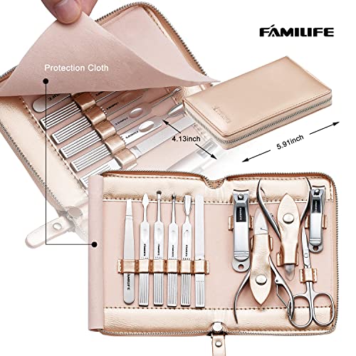 FAMILIFE Stainless Steel Manicure Set 11-in-1 Professional Nail Clipper Kit | Portable Leather Travel Case, Pedicure & Grooming Tools for Fingernails & Toenails, Luxury Gifts for Men & Women, Rose Gold - color: Gold
