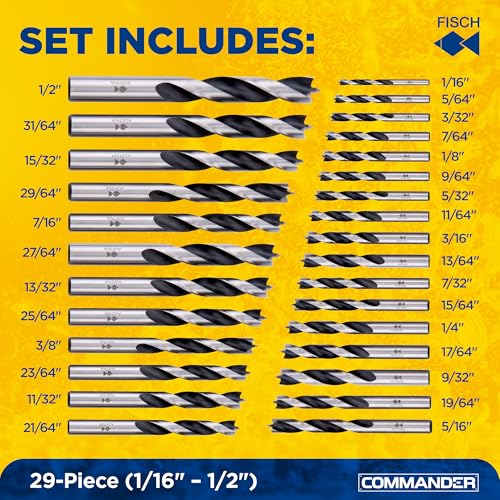 Brad Point Spiral Drill Bit Set, Sizes 1/16″–1/2″, 29 Pcs - size: 1/8 in to 1/2 in