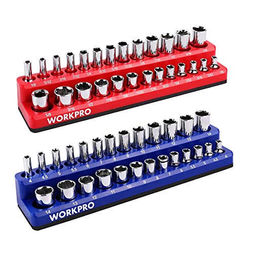 WORKPRO 1/4-inch Magnetic Socket Organizer Set, 2-Piece SAE & Metric Socket Holders, Holds 52 Standard and Deep Sockets for Tool Box, Tool Carts (Sockets Not Included) - size: 1/4" SAE&Metric