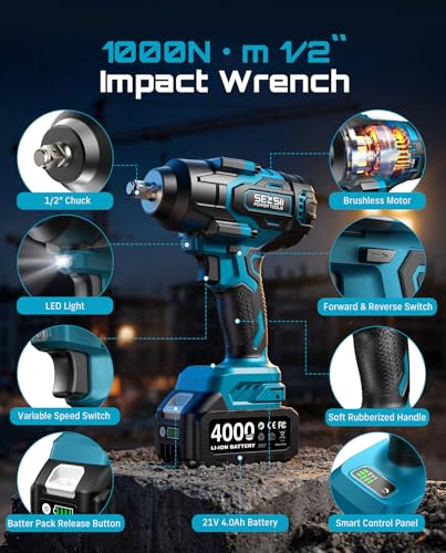 Seesii Impact Wrench 1000N.m(738 Ft-Lbs) & 46PCS 1/4″ Drive Socket Set Tool - color: 738 Ft-lbs / 2x4.0ah Battery & Socket Wrench Set
