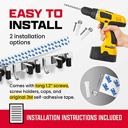 Wall Mount Hanger for Brooms & Mops - Adhesive Stainless Steel Mops & Broom Holder, 4 Clamps, 3 Hooks, & 5 Towel Hanger Clips Including Mounting Hardware for Utility Room Organization - color: 1 Pack - 4 Clamps