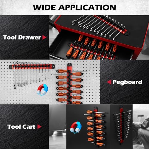 2-Piece Magnetic Screwdriver Organizer and Wrench Organizer, 28-Slot Screwdriver and Wrench Holder, Magnetic Aluminum Rail Tool Organizer for Tool Box Drawer Wall-Mount Storage,Red(Tools not Included) - style: 2-Pack Red (28-Slot)
