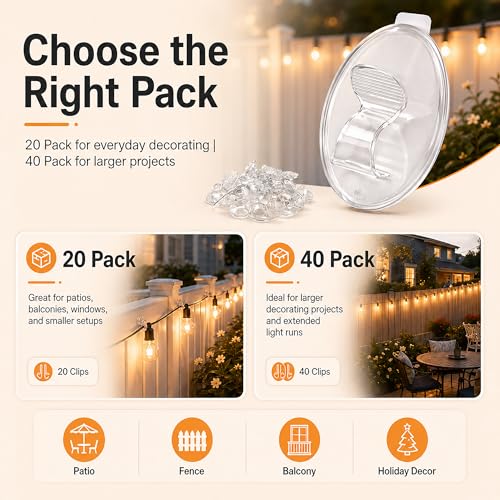 Outdoor String Lights Adhesive Hooks - 40Pcs Clips 3X Stronger Adhesion - color: Clear 40 hooks