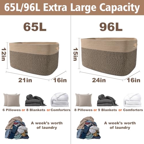 JMvicyroam 65L Large Woven Cotton Rope Blanket Basket, Jute&Black - color: Jute&Black, size: 65L