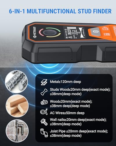 Stud Finder Wall Scanner, 6-in-1 Rechargeable Tool with LCD | Detects Studs, Metal, AC Wires & Pipes. Locate Center and Edge with Positioning Hole, Audible Alert and Accurate Scanning
