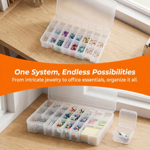 24 Grids Bead Organizer with Adjustable Dividers, 1.14"x1.85" Each Grid, Plus 3 Mini Storage Box for Jewelry, Fishing Hooks, Arts & Crafts, Office Supplies - color: Clear-L