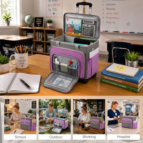 Rolling Teacher Bag With Wheels, Tote Organizer With Detachable Trolley - color: Purple