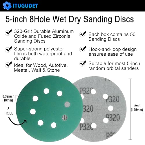 5 Inch 8 Hole P320 Grit Zirconia Wet Dry Sanding Discs - 50 Pack - size: 320 Grit