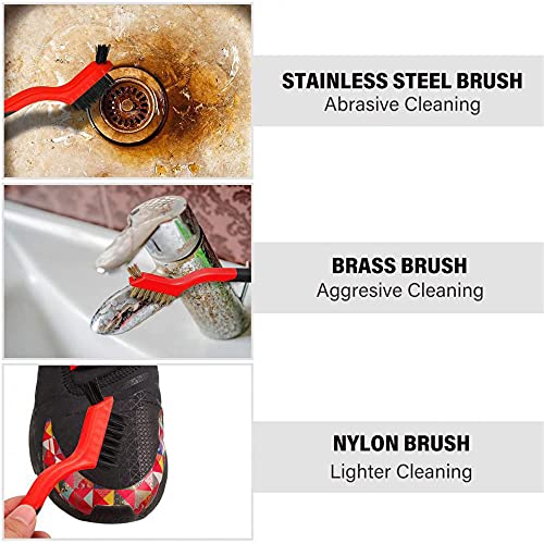 Wire Brush Set for Cleaning Rust Removal in Holes, 3pcs Brass/Stainless Steel/Nylon Brushes - color: Red