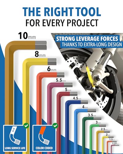 STONE REEF 13-Piece Metric Allen Key Set – Long Arm Hex Wrench Set (0.7 mm to 10 mm) – Chrome Vanadium Steel – Ball End L-Shaped Hex Keys for Furniture, Bikes & Machinery - color: Metric