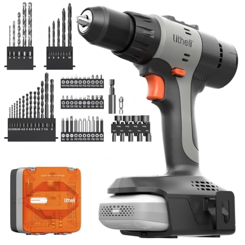 Litheli 20V Cordless Drill Driver Set, Electric Power Drill with 2 Variable Speed Settings, 1/2 Inch Keyless Chuck, 21+1 Clutch Settings with Maximum Torque of 443 In-lbs