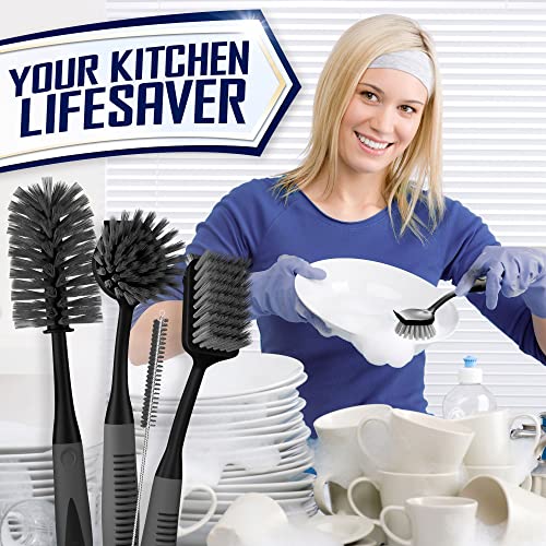 Dish Brush Set of 4 - Kitchen Scrub Brushes with Non-Slip Long Handle for Cleaning, Scrubber, Dishwashing, Dishes, Bottles, Straws, Cups, Pots & Sink, Black - color: Black