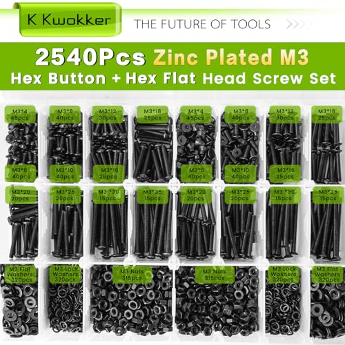 2540Pcs M3 Screw Kit 4MM to 35MM, M3 Button Head Screws & Flat Head Screws, Upgraded Zinc Plated Assorted Nuts and Bolts Assortment Kit Black M3 Screws with Nuts, Washer and Lock Washers - size: I. M3