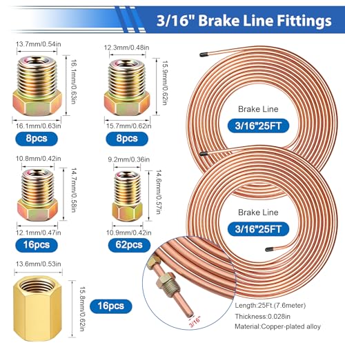 smseace 3/16 Inch+3/16 Inch Brake Line Flaring Tool Kit Include 25 FT Copper-Plated Brake Line Kit with 94pcs Fittings,8pcs Union,Tubing Bender,Double & Single Flare Tool,Cutter - color: Gold-B, size: 3/16inch+3/16inch