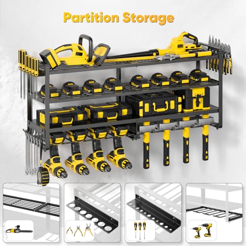 POKIPO Large Power Tool Organizer Wall Mount,4 Layers Heavy Duty Metal Loads 400lbs,Power Tool Shelf Battery Storage with 8 Cordless Drill Holder,Utility Racks for Garage Workshop - color: Black