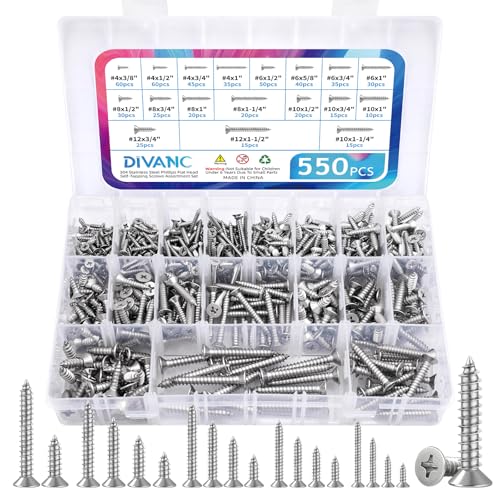 550Pcs 304 Stainless Steel Wood Screws Assortment Kit, Phillips Flat Head Sheet Metal Screw Self Tapping Screws Set, #4#6#8#10#12 Wood Assorted Screws, Length 1/4" to 1-1/2" (Flat Head 550PCS) - style: Flat Head 550PCS