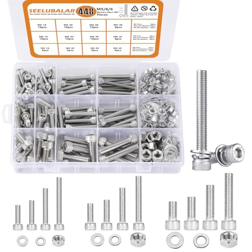 448 Pcs M5 M6 M8 Hex Socket Head Cap Screws Kit, 16/20/30/40mm Metric Bolts | 304 Stainless Steel Metric Screws Assortment Kit, Bolts Nuts and Washers for Auto, Motorcycle 3D Printer And Machinery - size: M5/M6/M8 - 16/20/30/40mm
