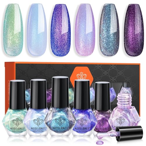 modelones Quick Dry Nail Polish Set, 6 Colors Holographic Aurora Shimmer - color: A0 Aurora Galaxy