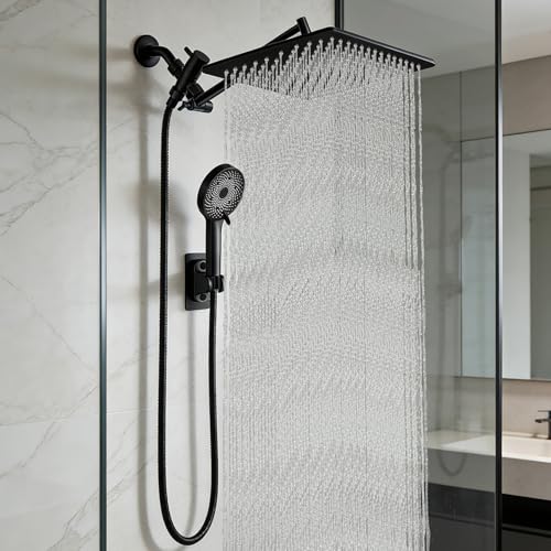 12 Inch Shower Head, Rain Shower Head with Adustable Extension Arm, Detachable Matte Black Rina Shower Head with Handheld Spray, High Pressure Shower Hose with Holder in Bathroom(Black) - color: Black, size: 12 Inch