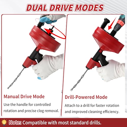 Drain Snake 25 Ft with Drill Attachment, Auto Feed 1/4 Inch Plumbing Snake for Sink, Shower & Tub Clogs, Manual or Drill-Powered Drain Auger, with Gloves, Safety Glasses & Storage Bag - color: 25FT