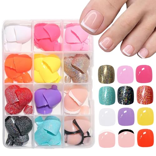 288Pcs Press on Toenails Short Square Toe Fake Nails with Glue Tabs,12 Color Gel Fake Toenails Press ons, Glitter French Glossy Glue on Toenail Acrylic Toes Nails False Presson Stick Toenail for Feet - color: 12 Color Press on Toenails