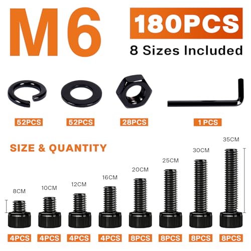 180PCS M6 Socket Head Cap Screw Assortment Kit, 8-35mm - size: M6