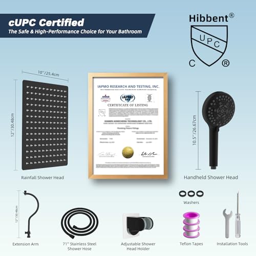 Hibbent All Metal cUPC Certified High Pressure Rainfall 12'' Shower Head - color: Matte Black, style: Square 12''