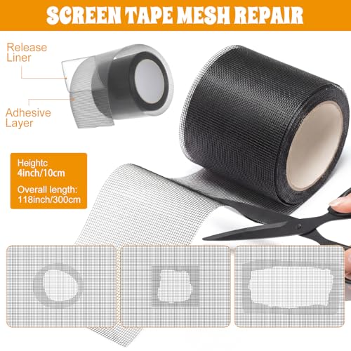 18 Pcs 48"x177" Window Screen Repair Kit Included 2 Rolls Fiberglass Mesh 4"x30ft Screen Repair Tape 8 Clips with Spline, Double Wheel Roller, Hook, Measuring Tape, and Cutter for Door Window - size: 48"x177"