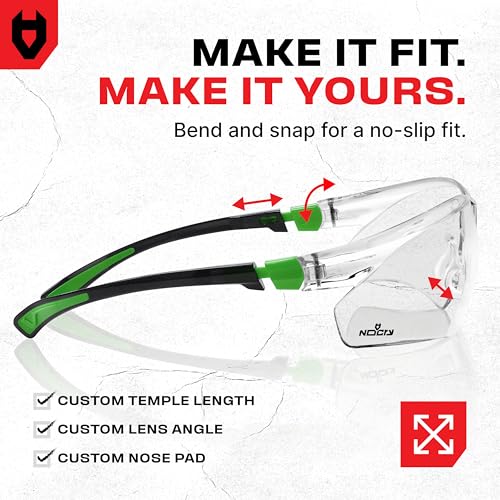 NoCry Clear Safety Glasses for Men and Women with Anti-Fog and Scratch Resistant Wrap Around Lenses, Adjustable Temples and Nose Pads — ANSI Z87 Certified Protective Eyewear with 100% UV Shielding - color: Black & Green
