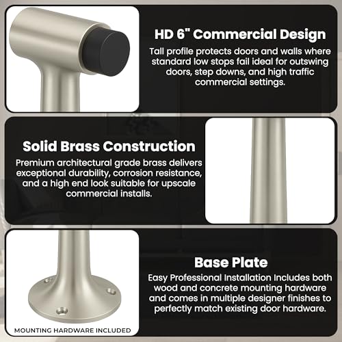 Heavy Duty 6″ Door Stopper, Solid Brass Commercial Grade, Floor Mount - Satin Nickel Finish (US15) - color: Satin Nickel