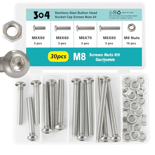 30PCS M8 x 50mm 60mm 70mm 80mm, Button Head Socket Cap Screws Bolts Nuts Kit, Stainless Steel 304, Metric Allen Hex Drive, Fully Threaded - size: Button M8x50/60/70/80mm